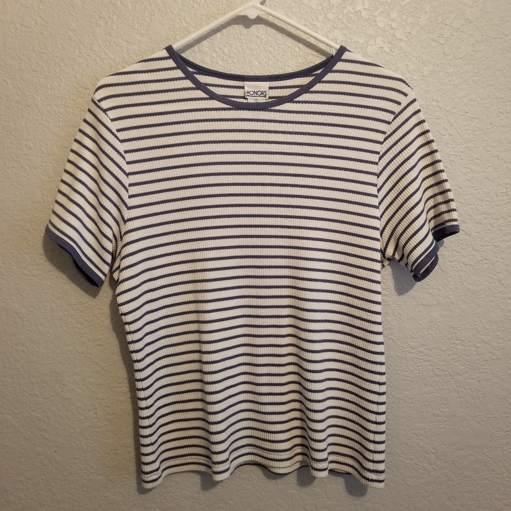 Honors Blue & White Striped Short Sleeve Top